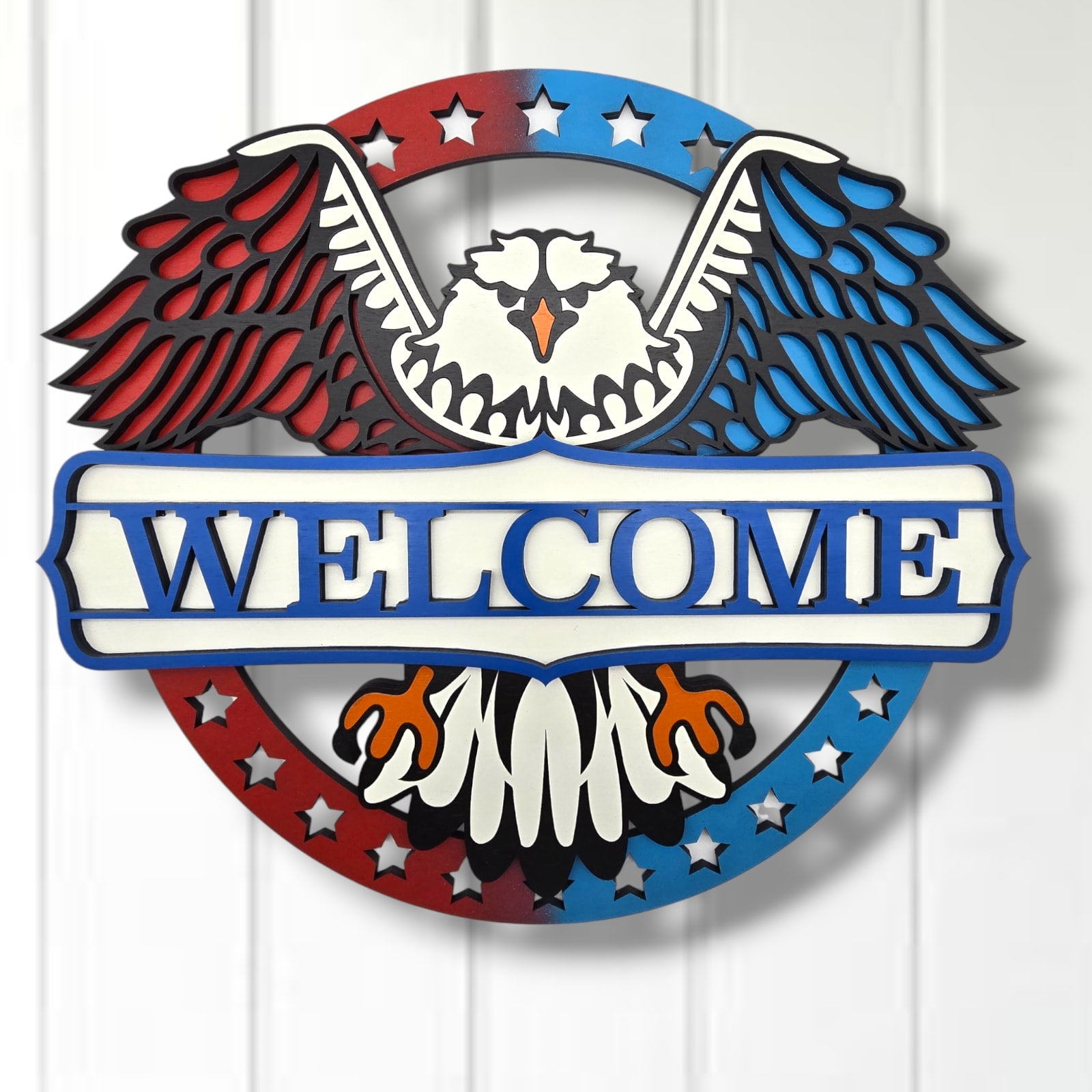 Patriotic Welcome Sign Door Hanger - Bald Eagle and Stars
